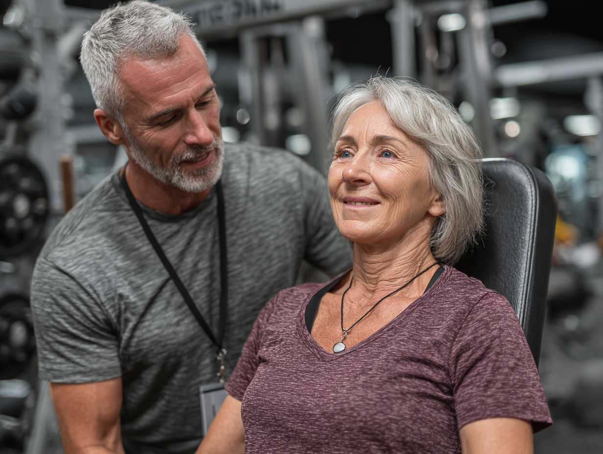 Персональний тренер працює з клієнтом старшого віку